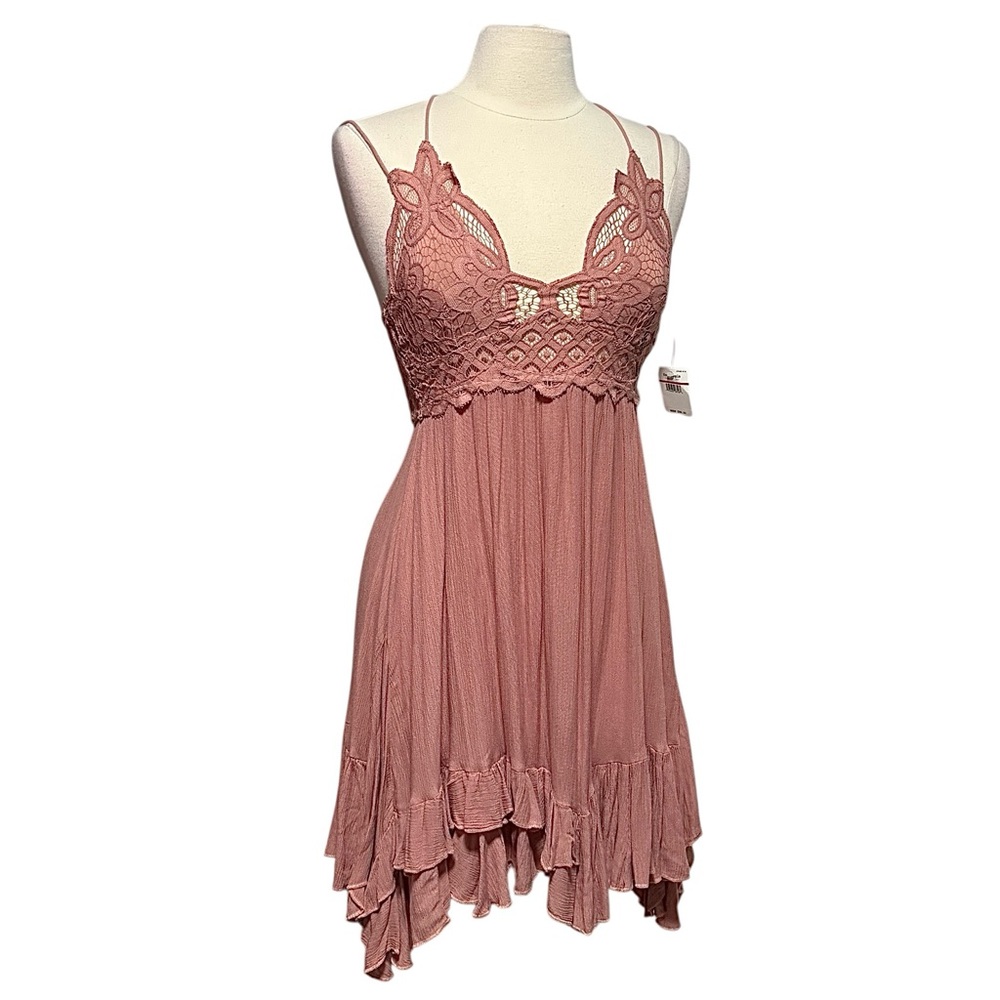 Free People Adella Rose Pink Ruffle Hem Asymmetrical Mini Slip Dress Size XS NWT
